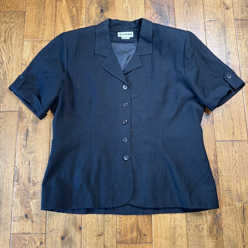 Vtg 90s Joan Leslie Black Short Sleeve Blazer Jacket Linen Blend Womens Sz 18